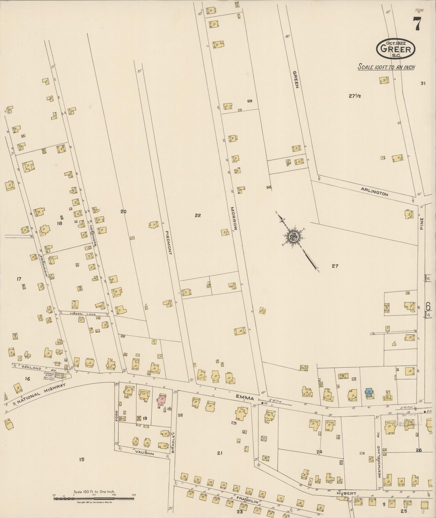 Sanborn Fire Insurance Map from Greer, Greenville and Spartanburg Counties, South Carolina (1922), Sheet #0007 - Complete Map Set gallery image, historic Sanborn map, vintage wall art, South Carolina South Carolina