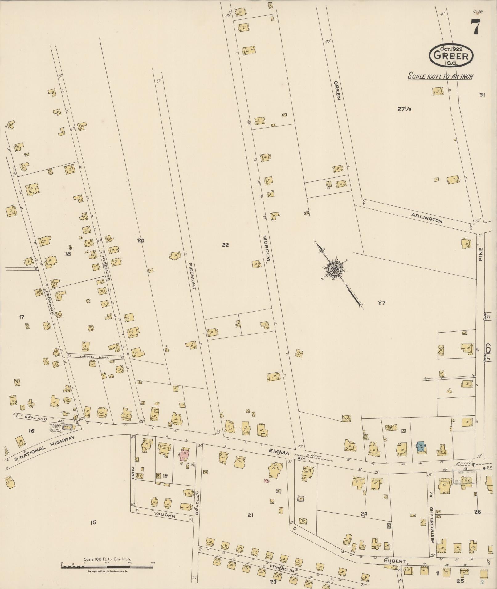 Sanborn Fire Insurance Map from Greer, Greenville and Spartanburg Counties, South Carolina (1922), Sheet #0007 - Complete Map Set gallery image, historic Sanborn map, vintage wall art, South Carolina South Carolina