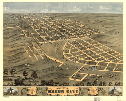 Bird's eye view of Macon City, Macon County, Missouri 1869. (1869) – Historic Bird’s-Eye View Panorama Print