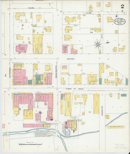Sanborn Fire Insurance Map from Pulaski, Giles County, Tennessee (1905), Sheet #0002 - Historic Sanborn Fire Insurance Map Print, vintage old map wall art, antique decor, genealogy gift, Tennessee Tennessee map