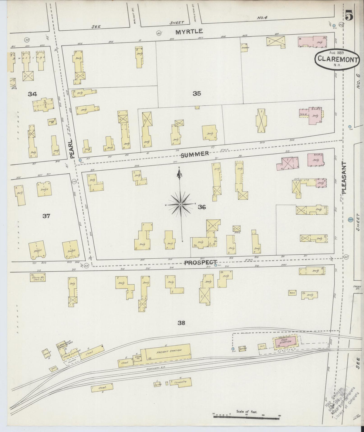 Sanborn Fire Insurance Map from Claremont, Sullivan County, New Hampshire (1889), Sheet #0005 - Historic Sanborn Fire Insurance Map Print, vintage old map wall art, antique decor, genealogy gift, New Hampshire New Hampshire map