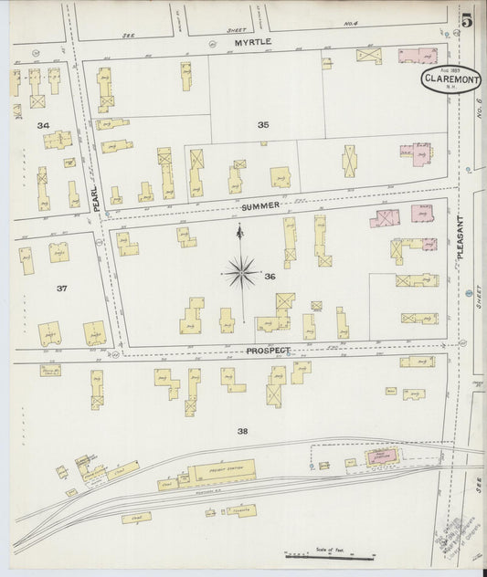Sanborn Fire Insurance Map from Claremont, Sullivan County, New Hampshire (1889), Sheet #0005 - Historic Sanborn Fire Insurance Map Print, vintage old map wall art, antique decor, genealogy gift, New Hampshire New Hampshire map