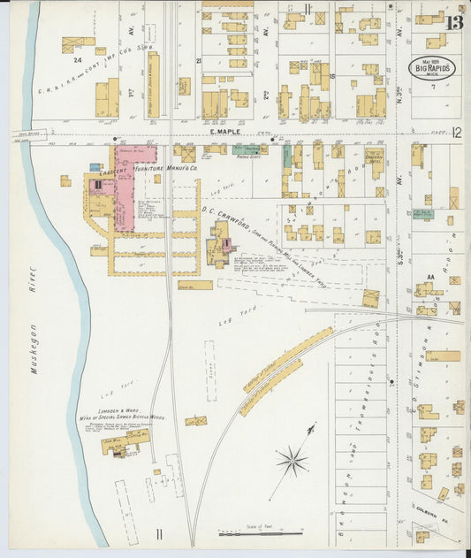 Sanborn Fire Insurance Map from Big Rapids, Mecosta County, Michigan (1899), Sheet #0013 - Historic Sanborn Fire Insurance Map Print, vintage old map wall art, antique decor, genealogy gift, Michigan Michigan map