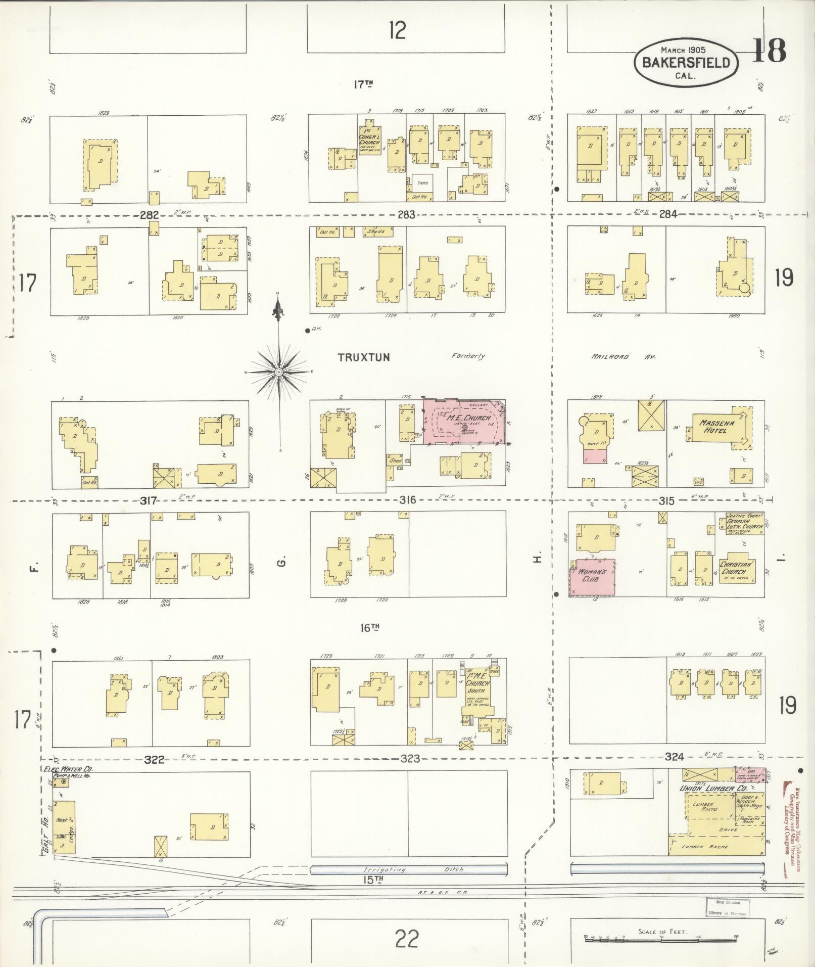 Sanborn Fire Insurance Map from Bakersfield, Kern County, California (1905), Sheet #0018 - Historic Sanborn Fire Insurance Map Print, vintage old map wall art, antique decor, genealogy gift, California California map