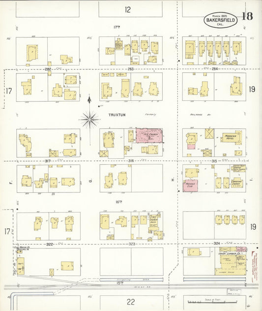 Sanborn Fire Insurance Map from Bakersfield, Kern County, California (1905), Sheet #0018 - Historic Sanborn Fire Insurance Map Print, vintage old map wall art, antique decor, genealogy gift, California California map