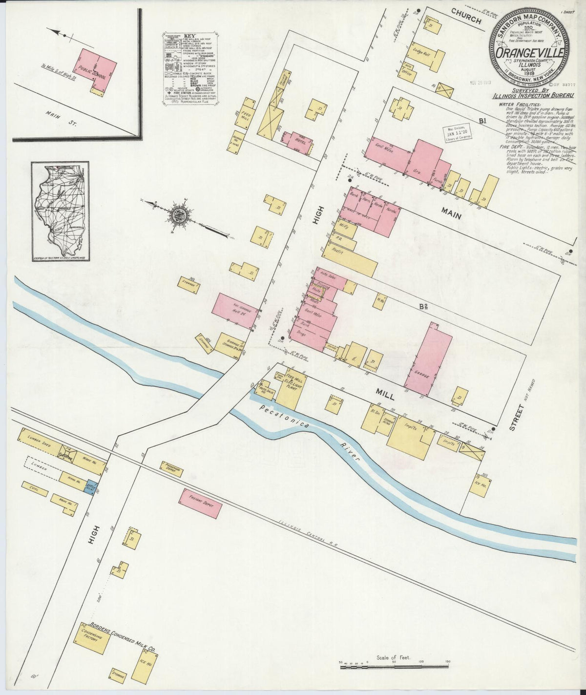 Sanborn Fire Insurance Map from Orangeville, Stephenson County, Illinois (1919), Sheet #0001 - Historic Sanborn Fire Insurance Map Print, vintage old map wall art, antique decor, genealogy gift, Illinois Illinois map