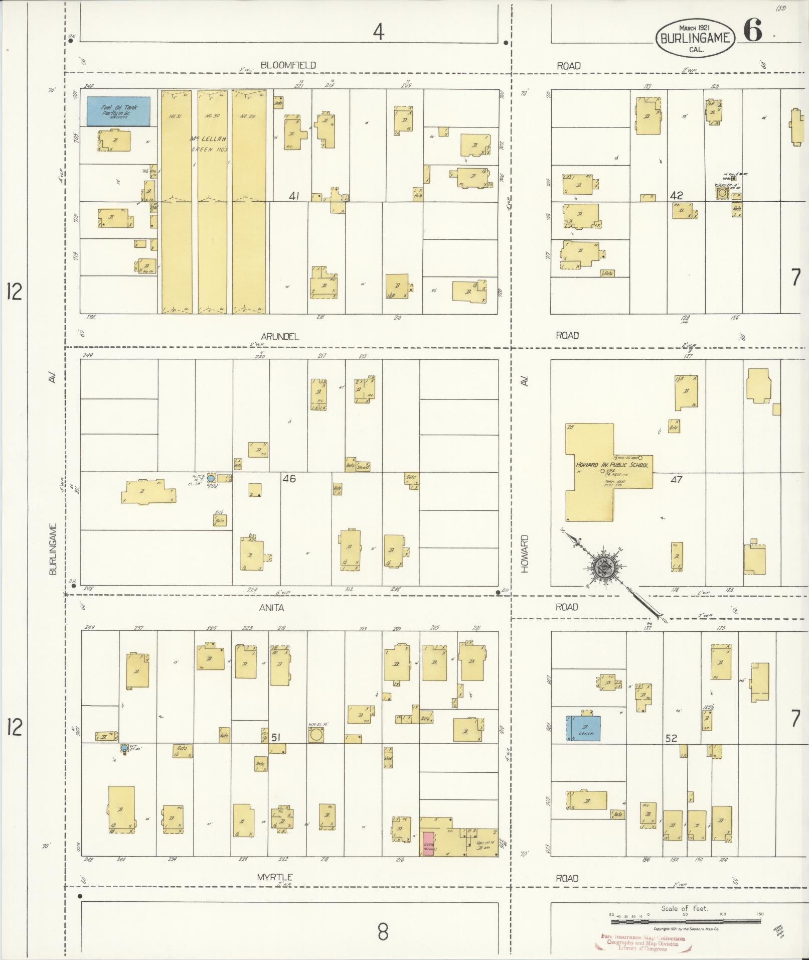 Sanborn Fire Insurance Map from Burlingame, San Mateo County, California (1921), Sheet #0006 - Historic Sanborn Fire Insurance Map Print, vintage old map wall art, antique decor, genealogy gift, California California map
