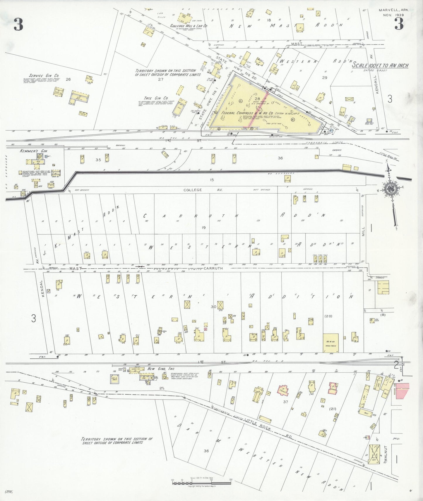 Sanborn Fire Insurance Map from Marvell, Phillips County, Arkansas (1939), Sheet #0003 - Historic Sanborn Fire Insurance Map Print, vintage old map wall art, antique decor, genealogy gift, Arkansas Arkansas map
