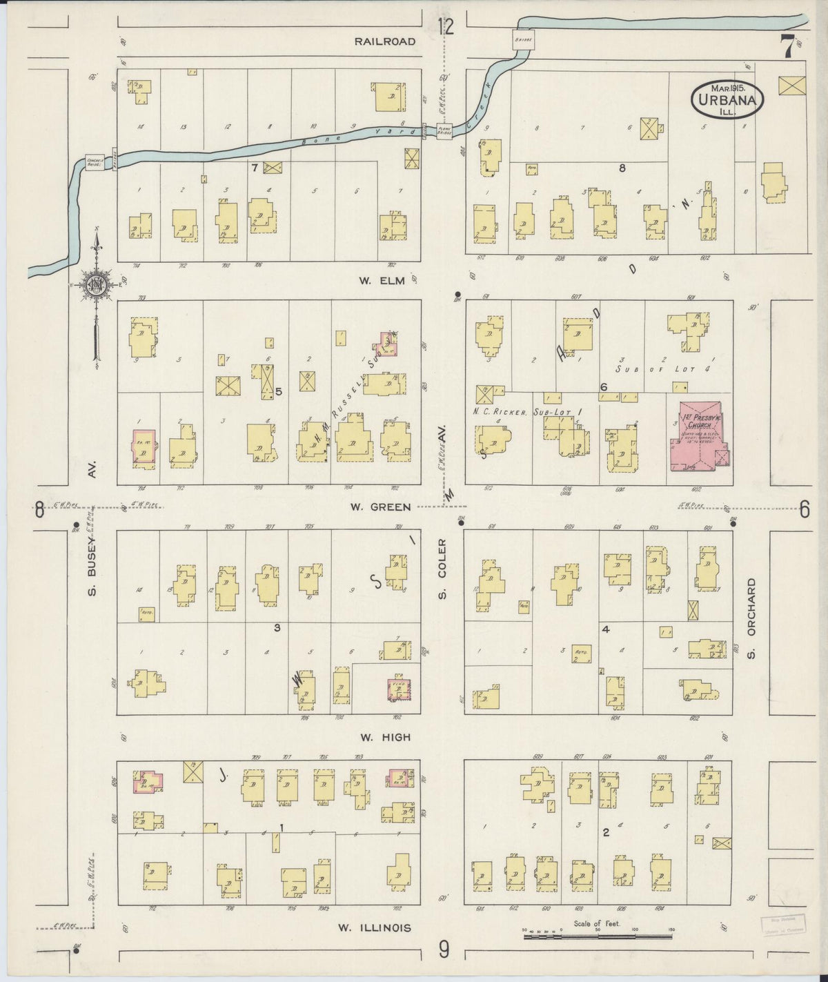 Sanborn Fire Insurance Map from Urbana, Champaign County, Illinois (1915), Sheet #0007 - Complete Map Set gallery image, historic Sanborn map, vintage wall art, Illinois Illinois