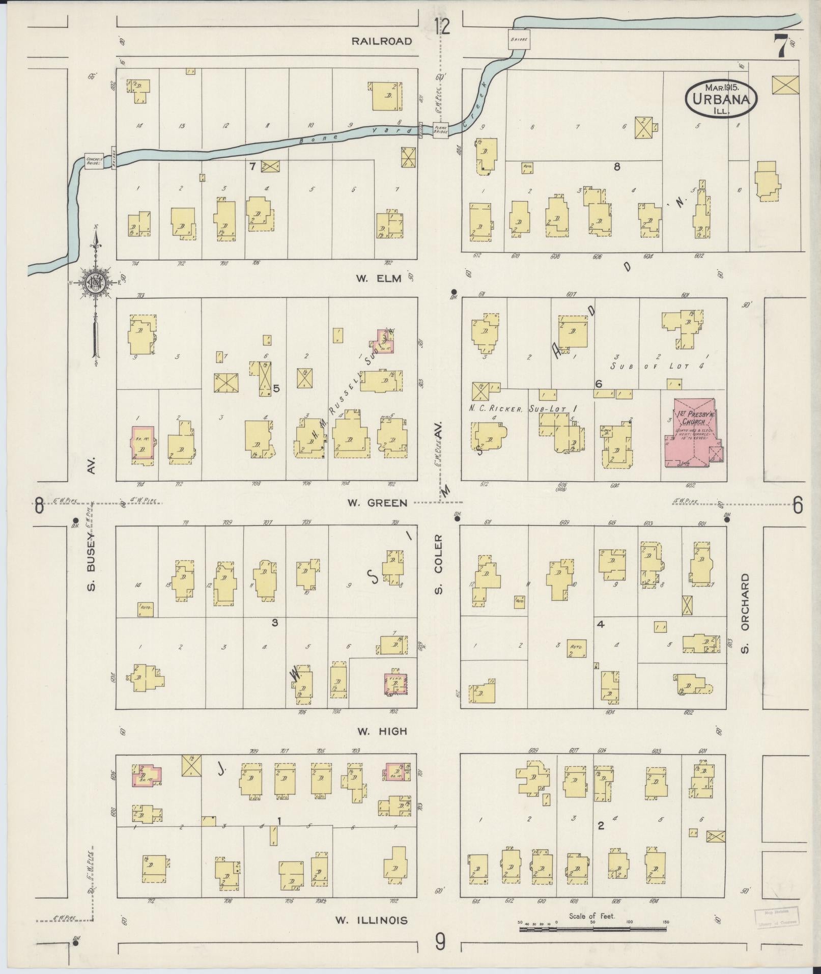 Sanborn Fire Insurance Map from Urbana, Champaign County, Illinois (1915), Sheet #0007 - Complete Map Set gallery image, historic Sanborn map, vintage wall art, Illinois Illinois