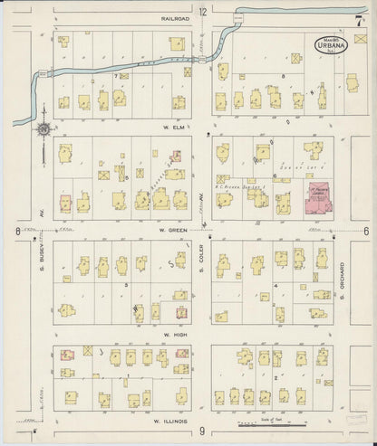 Sanborn Fire Insurance Map from Urbana, Champaign County, Illinois (1915), Sheet #0007 - Complete Map Set gallery image, historic Sanborn map, vintage wall art, Illinois Illinois