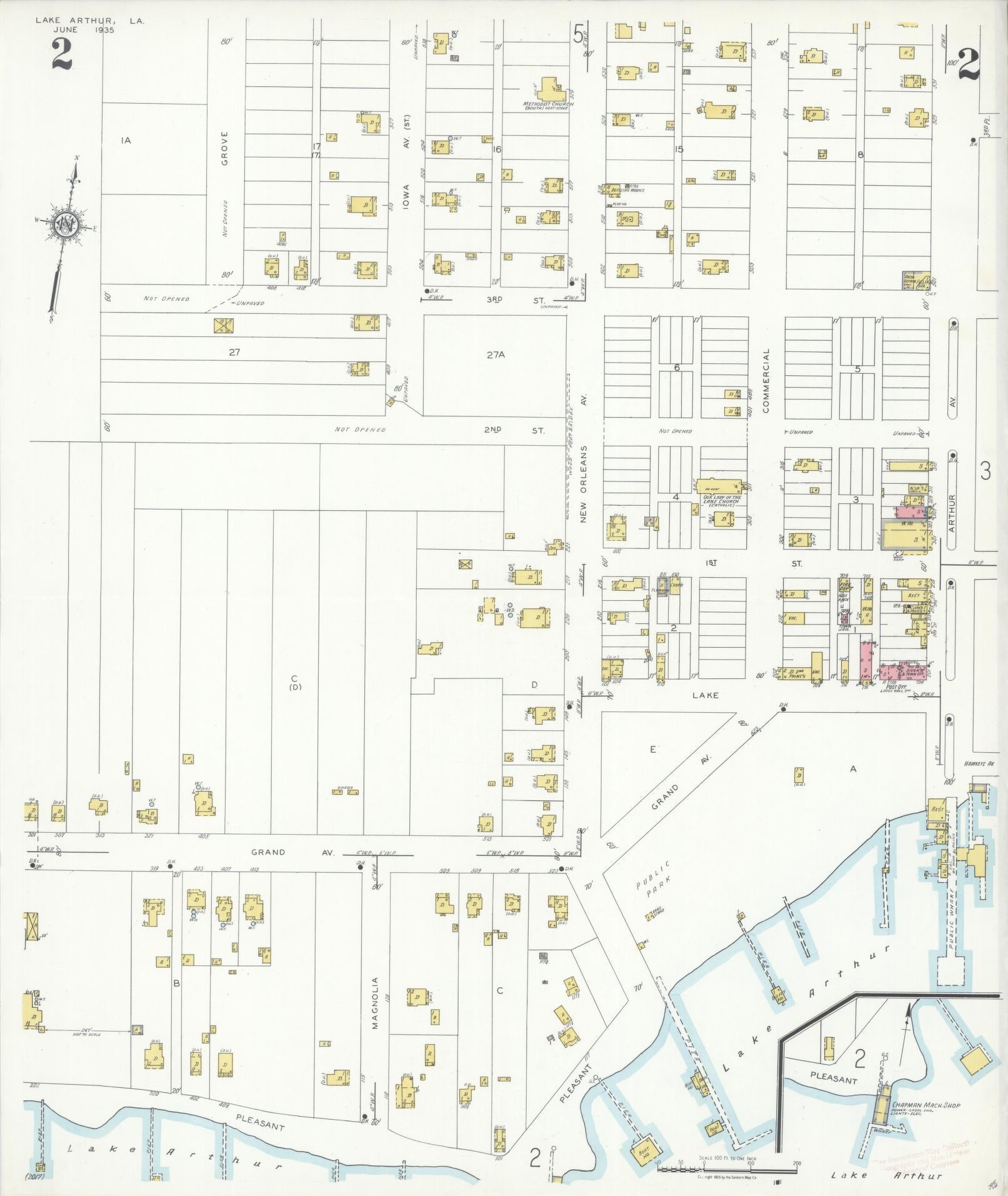 Sanborn Fire Insurance Map from Lake Arthur, Jefferson Davis Parish, Louisiana (1935), Sheet #0002 - Historic Sanborn Fire Insurance Map Print, vintage old map wall art, antique decor, genealogy gift, Louisiana Louisiana map
