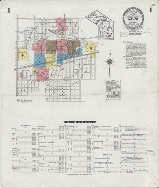 Sanborn Fire Insurance Map from Wayne, Wayne County, Michigan (1926), Sheet #0001 - Historic Sanborn Fire Insurance Map Print, vintage old map wall art, antique decor, genealogy gift, Michigan Michigan map