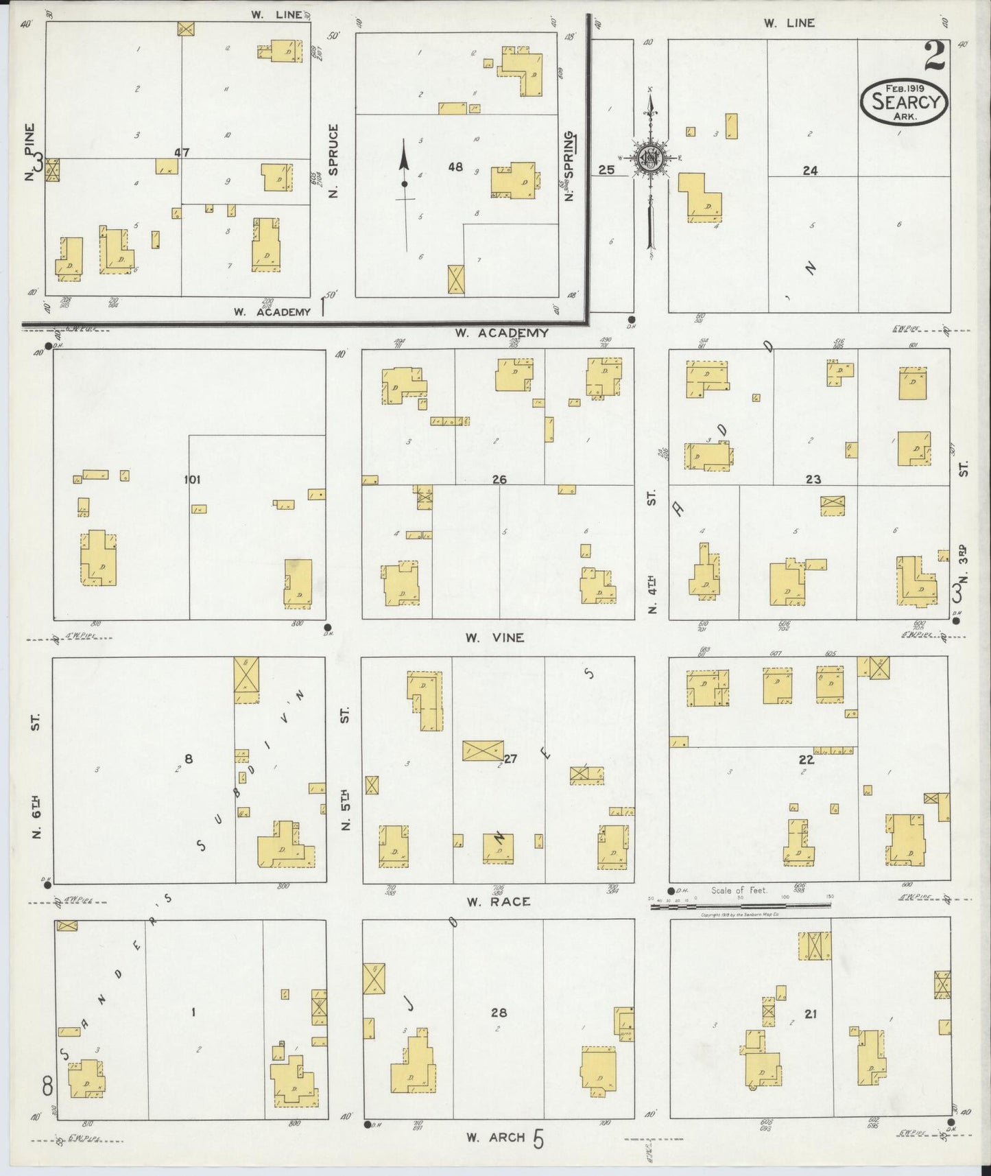 Sanborn Fire Insurance Map from Searcy, White County, Arkansas (1919), Sheet #0002 - Complete Map Set gallery image, historic Sanborn map, vintage wall art, Arkansas Arkansas