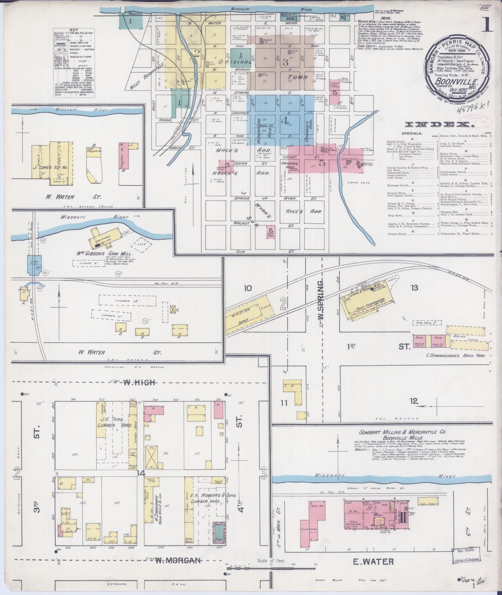 Sanborn Fire Insurance Map from Boonville, Cooper County, Missouri (1892), Sheet #0001 - Historic Sanborn Fire Insurance Map Print, vintage old map wall art, antique decor, genealogy gift, Missouri Missouri map