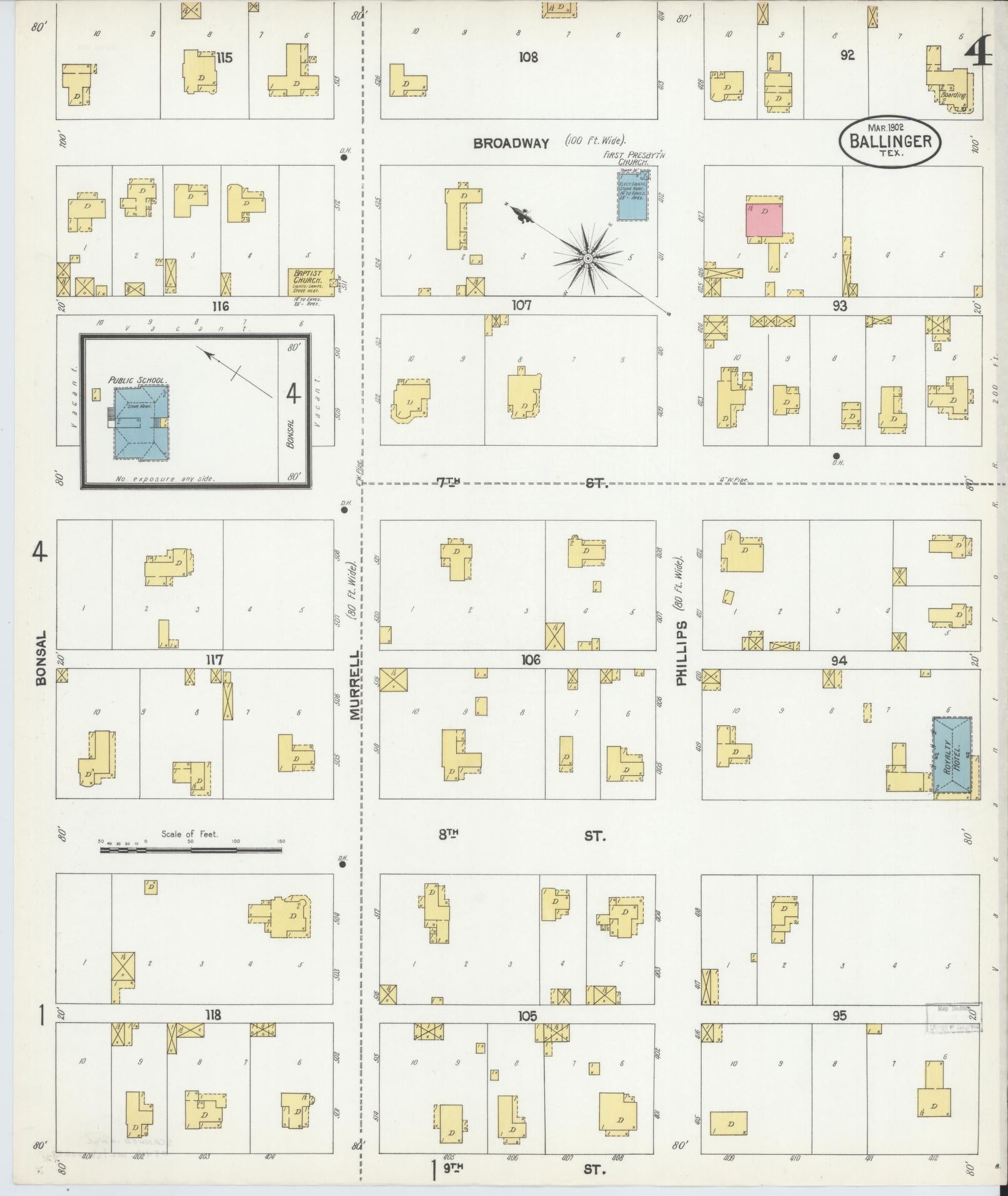 Sanborn Fire Insurance Map from Ballinger, Runnels County, Texas (1902), Sheet #0004 - Historic Sanborn Fire Insurance Map Print, vintage old map wall art, antique decor, genealogy gift, Texas Texas map