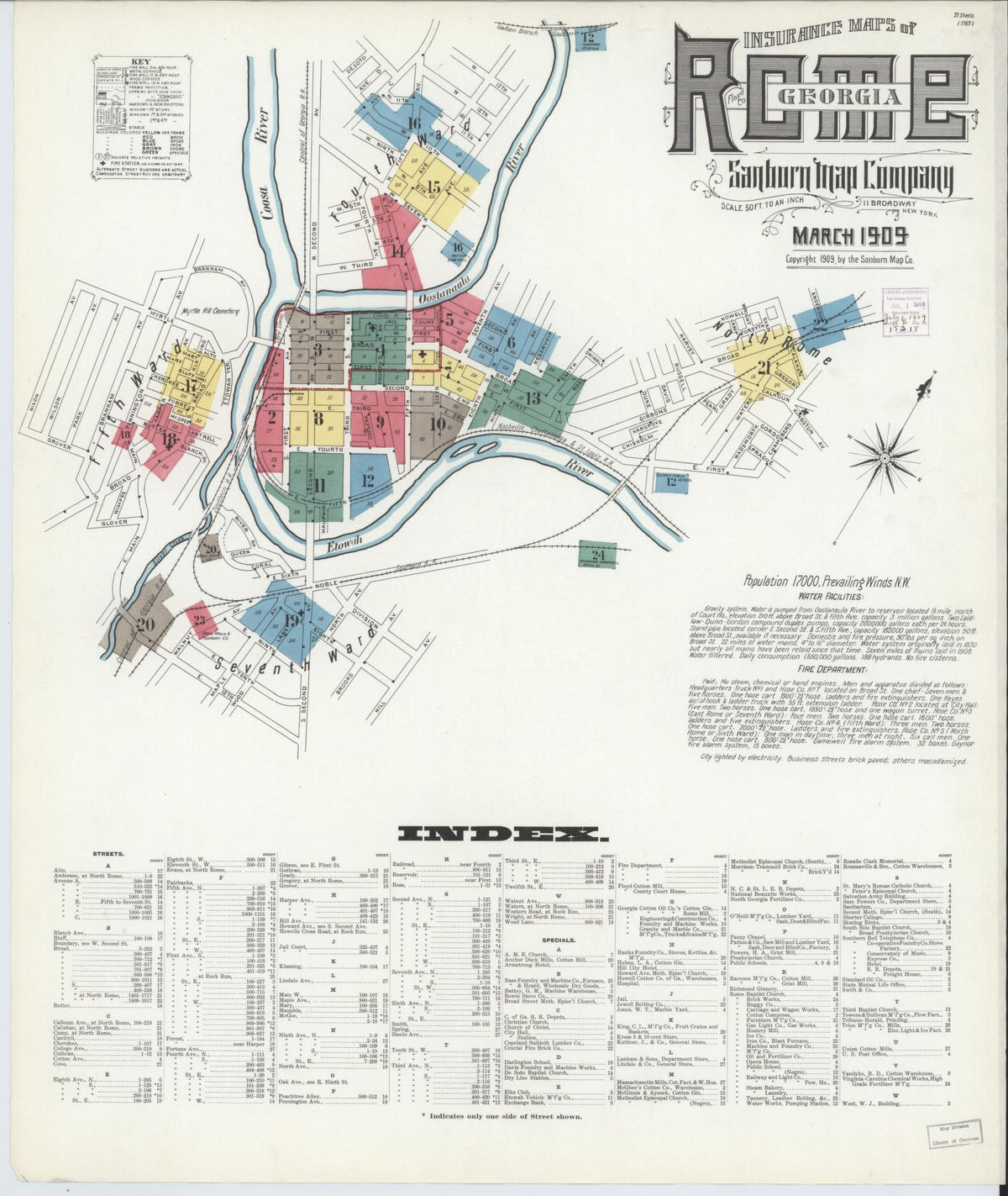 Sanborn Fire Insurance Map from Rome, Floyd County, Georgia (1909), Sheet #0001 - Historic Sanborn Fire Insurance Map Print, vintage old map wall art, antique decor, genealogy gift, Georgia Georgia map