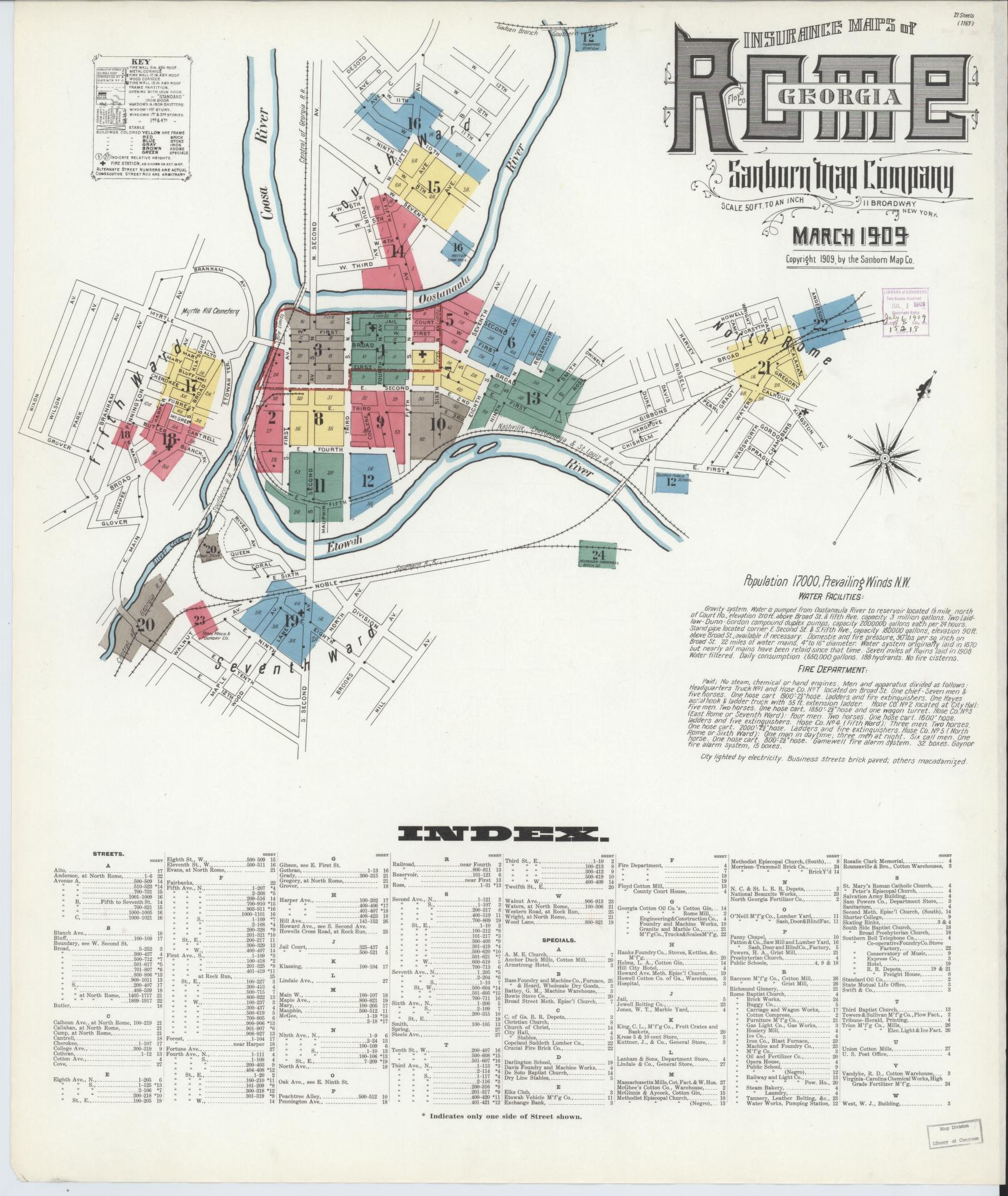 Sanborn Fire Insurance Map from Rome, Floyd County, Georgia (1909), Sheet #0001 - Historic Sanborn Fire Insurance Map Print, vintage old map wall art, antique decor, genealogy gift, Georgia Georgia map