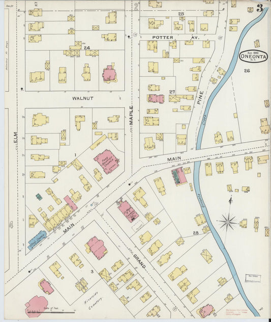 Sanborn Fire Insurance Map from Oneonta, Otsego County, New York (1893), Sheet #0003 - Historic Sanborn Fire Insurance Map Print, vintage old map wall art, antique decor, genealogy gift, New York New York map