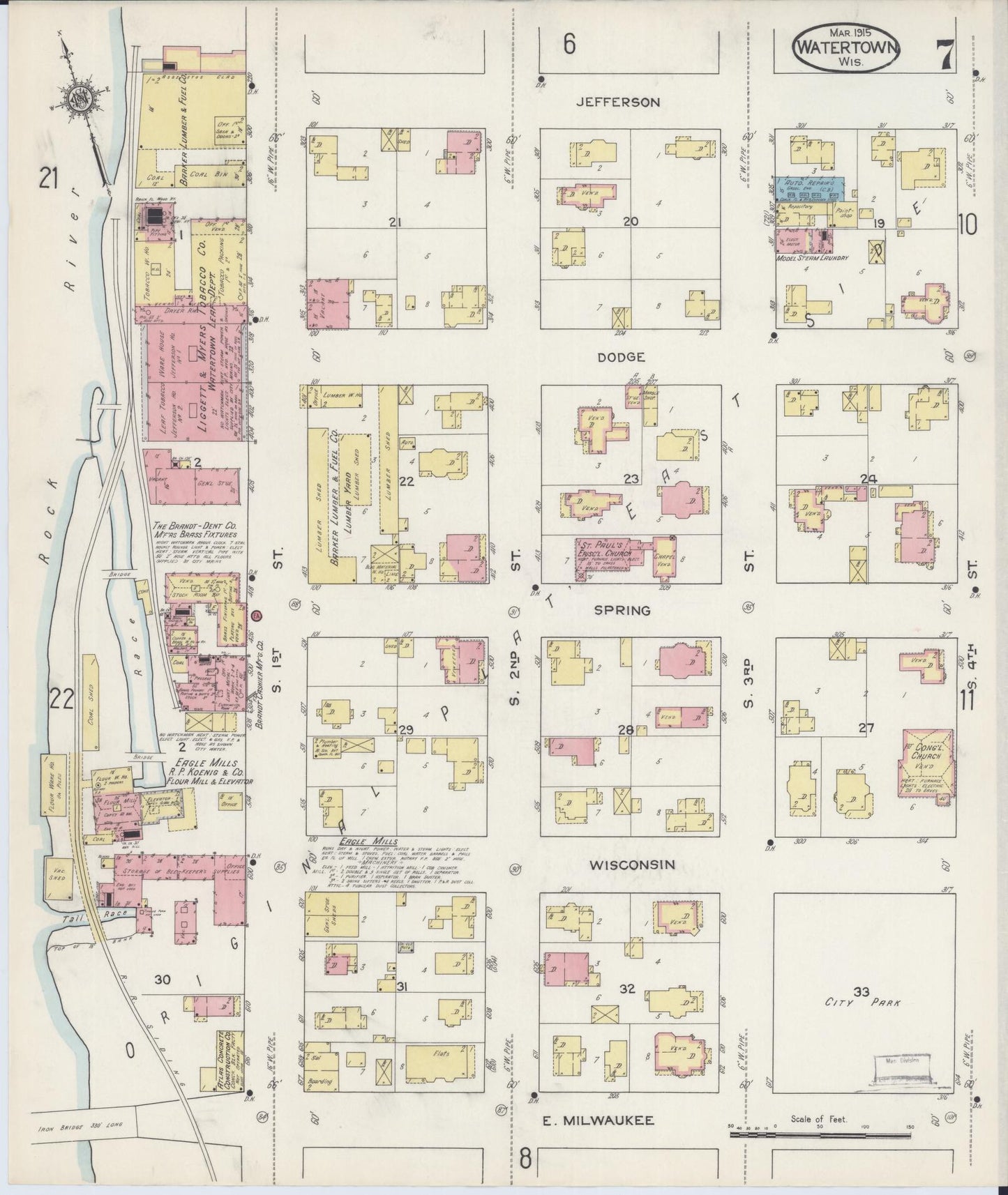 Sanborn Fire Insurance Map from Watertown, Jefferson County, Wisconsin (1915), Sheet #0008 - Historic Sanborn Fire Insurance Map Print, vintage old map wall art, antique decor, genealogy gift, Wisconsin Wisconsin map