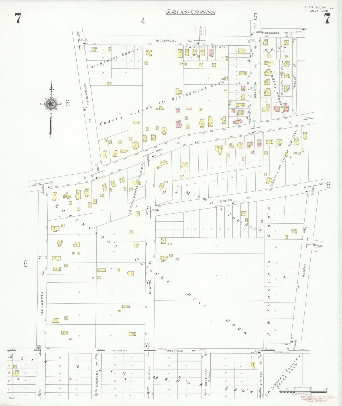 Sanborn Fire Insurance Map from Glen Ellyn, Du Page County, Illinois (1940), Sheet #0007 - Historic Sanborn Fire Insurance Map Print, vintage old map wall art, antique decor, genealogy gift, Illinois Illinois map