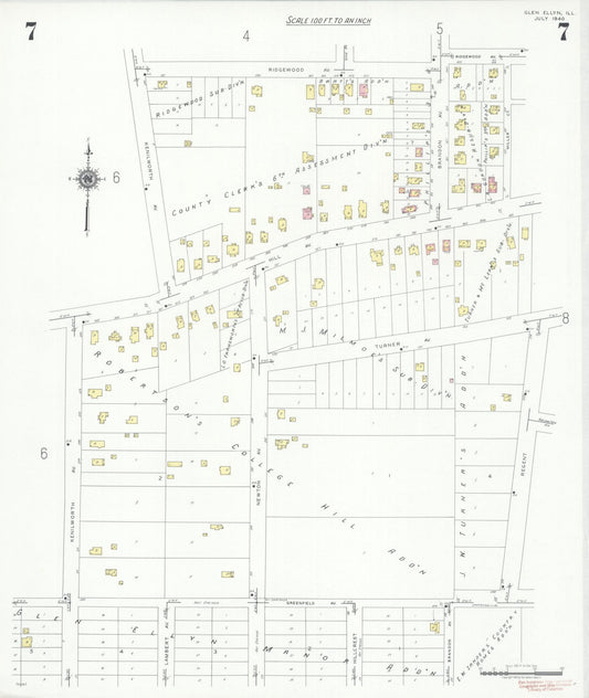 Sanborn Fire Insurance Map from Glen Ellyn, Du Page County, Illinois (1940), Sheet #0007 - Historic Sanborn Fire Insurance Map Print, vintage old map wall art, antique decor, genealogy gift, Illinois Illinois map