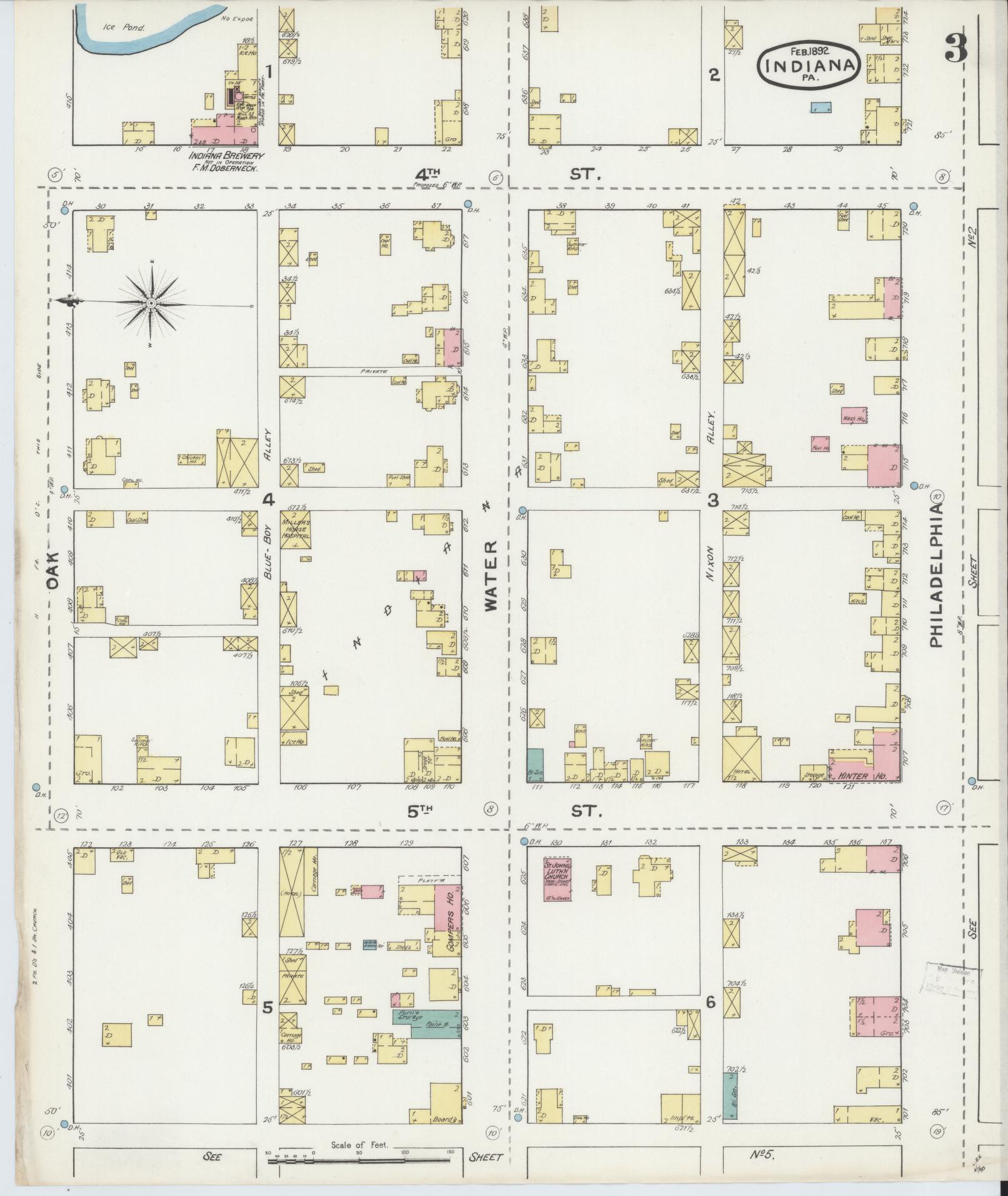 Sanborn Fire Insurance Map from Indiana, Indiana County, Pennsylvania (1892), Sheet #0003 - Historic Sanborn Fire Insurance Map Print, vintage old map wall art, antique decor, genealogy gift, Sanborn Fire Insurance Map from Indiana Indiana map
