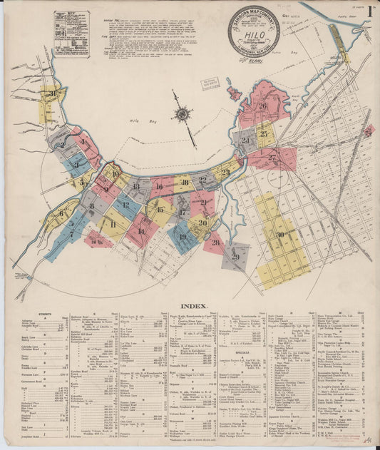 Sanborn Fire Insurance Map from Hilo, Hawaii County, Hawaii (1921), Sheet #0001 - Historic Sanborn Fire Insurance Map Print, vintage old map wall art