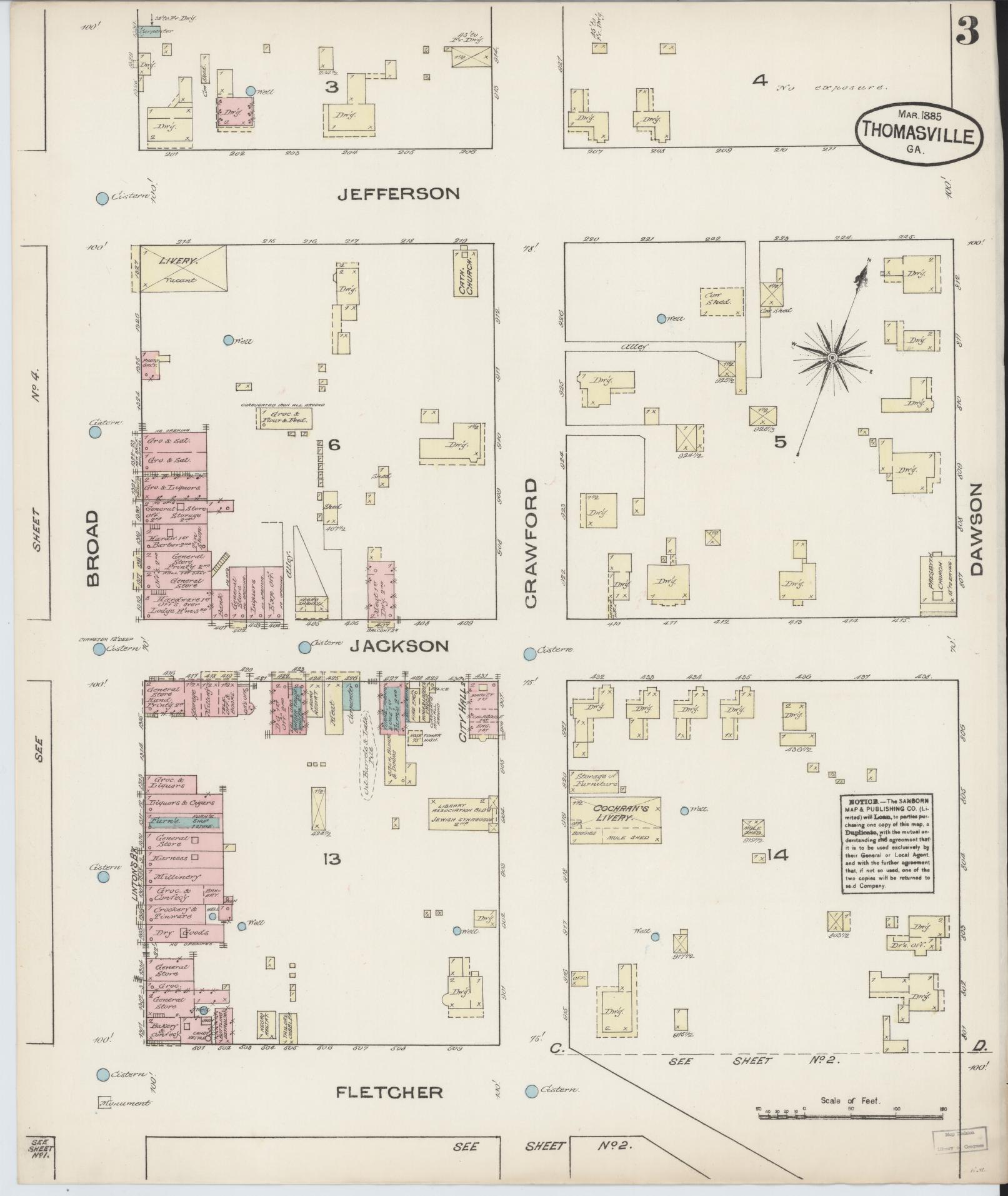 Sanborn Fire Insurance Map from Thomasville, Thomas County, Georgia (1885), Sheet #0003 - Complete Map Set gallery image, historic Sanborn map, vintage wall art, Georgia Georgia