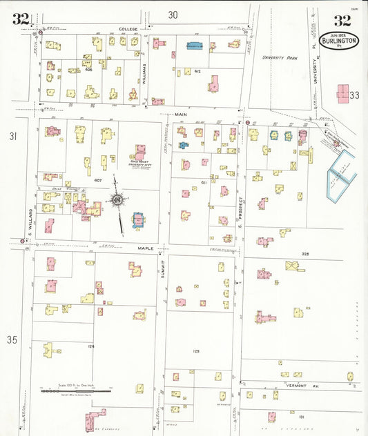Sanborn Fire Insurance Map from Burlington, Chittenden County, Vermont (1926), Sheet #0032 - Historic Sanborn Fire Insurance Map Print, vintage old map wall art, antique decor, genealogy gift, Vermont Vermont map