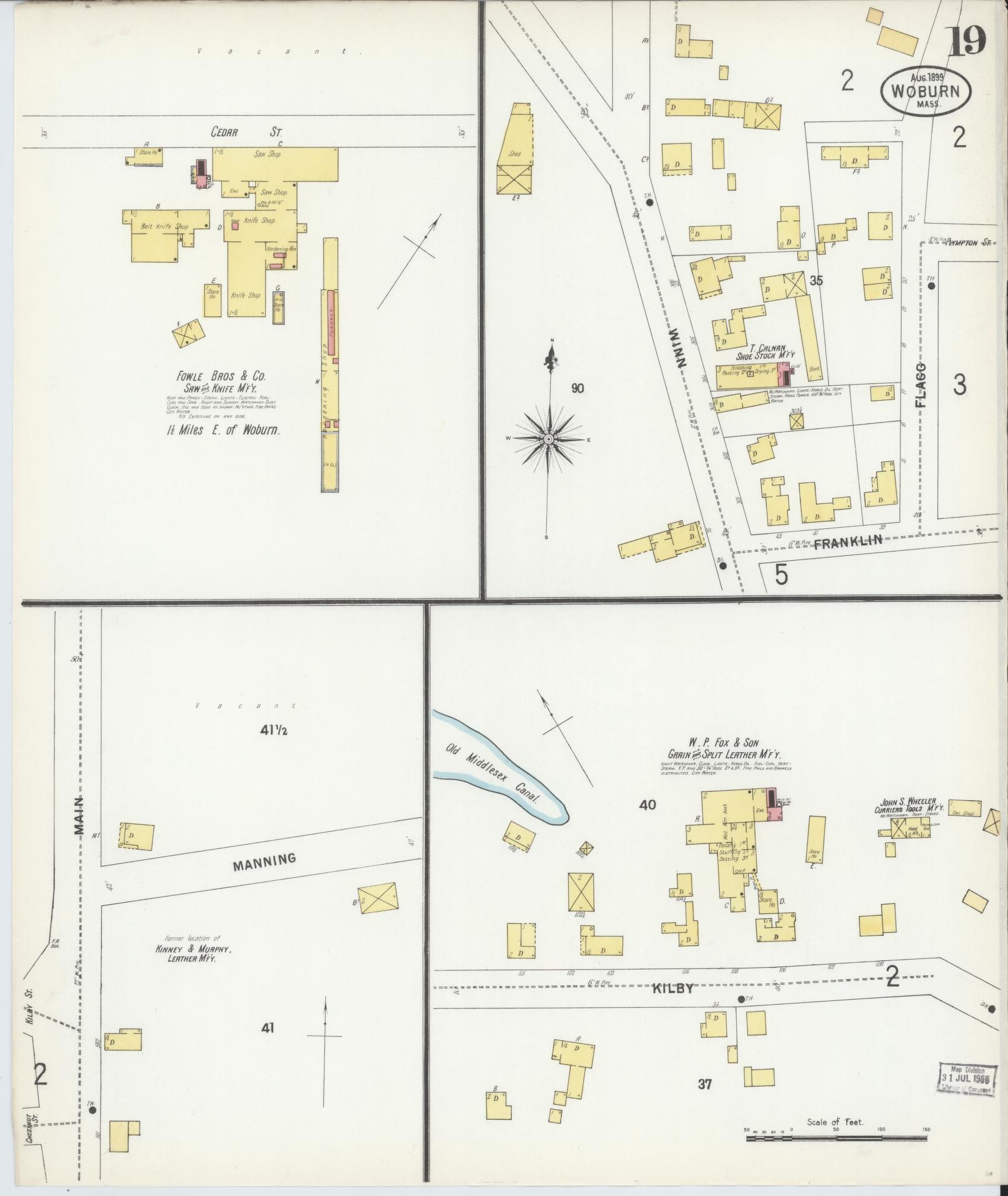 Sanborn Fire Insurance Map from Woburn, Middlesex County, Massachusetts (1899), Sheet #0019 - Historic Sanborn Fire Insurance Map Print, vintage old map wall art, antique decor, genealogy gift, Massachusetts Massachusetts map