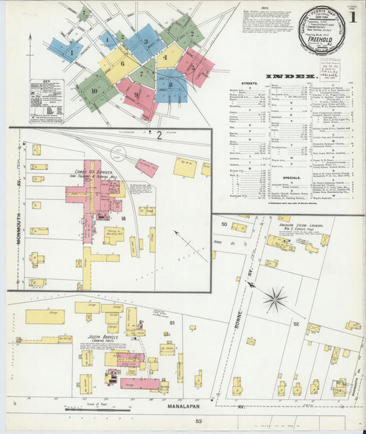 Sanborn Fire Insurance Map from Freehold, Monmouth County, New Jersey (1901), Sheet #0001 - Historic Sanborn Fire Insurance Map Print, vintage old map wall art, antique decor, genealogy gift, New Jersey New Jersey map
