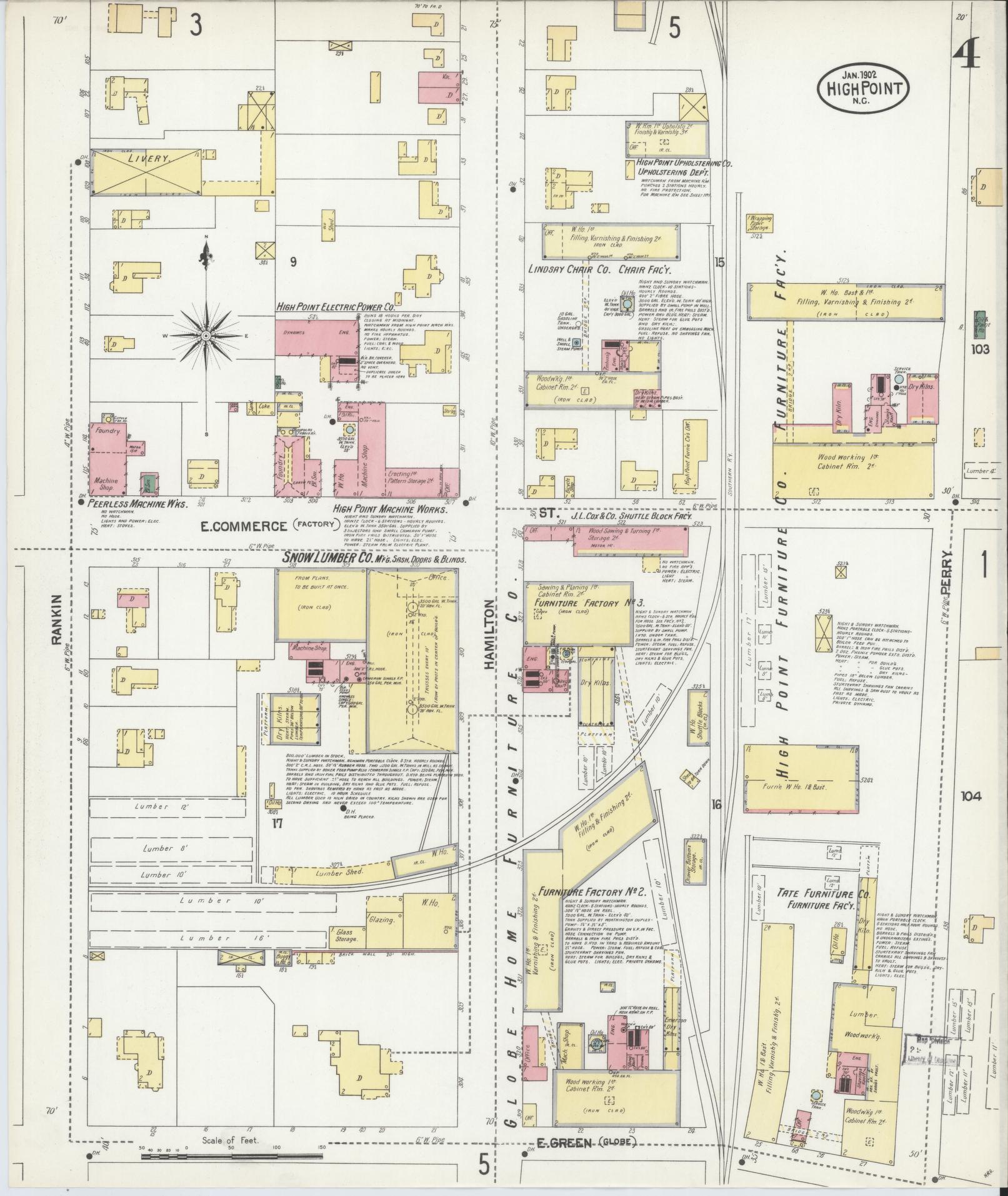 Sanborn Fire Insurance Map from High Point, Guilford County, North Carolina (1902), Sheet #0004 - Complete Map Set gallery image, historic Sanborn map, vintage wall art, North Carolina North Carolina