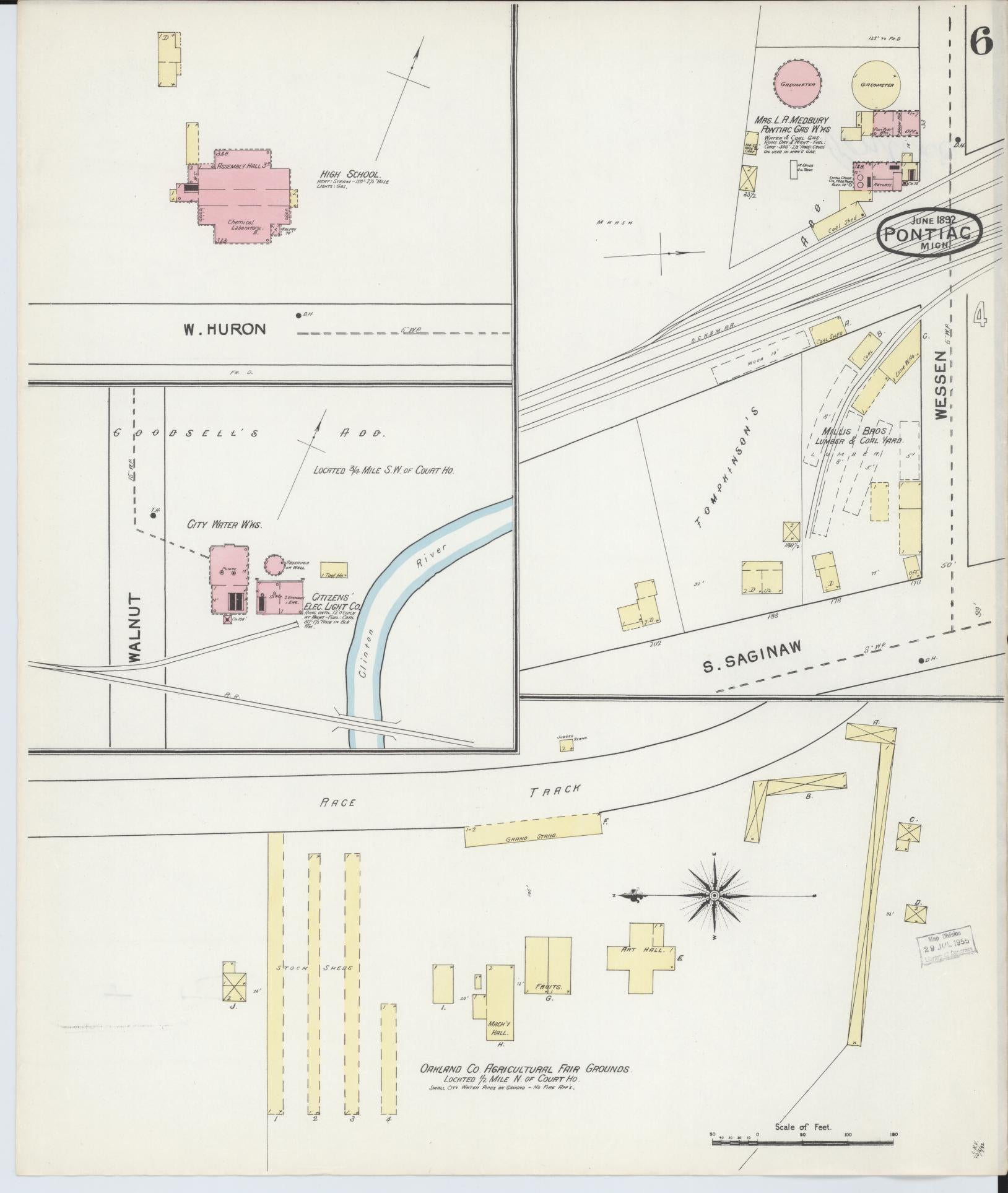 Sanborn Fire Insurance Map from Pontiac, Oakland County, Michigan (1892), Sheet #0006 - Complete Map Set gallery image, historic Sanborn map, vintage wall art, Michigan Michigan