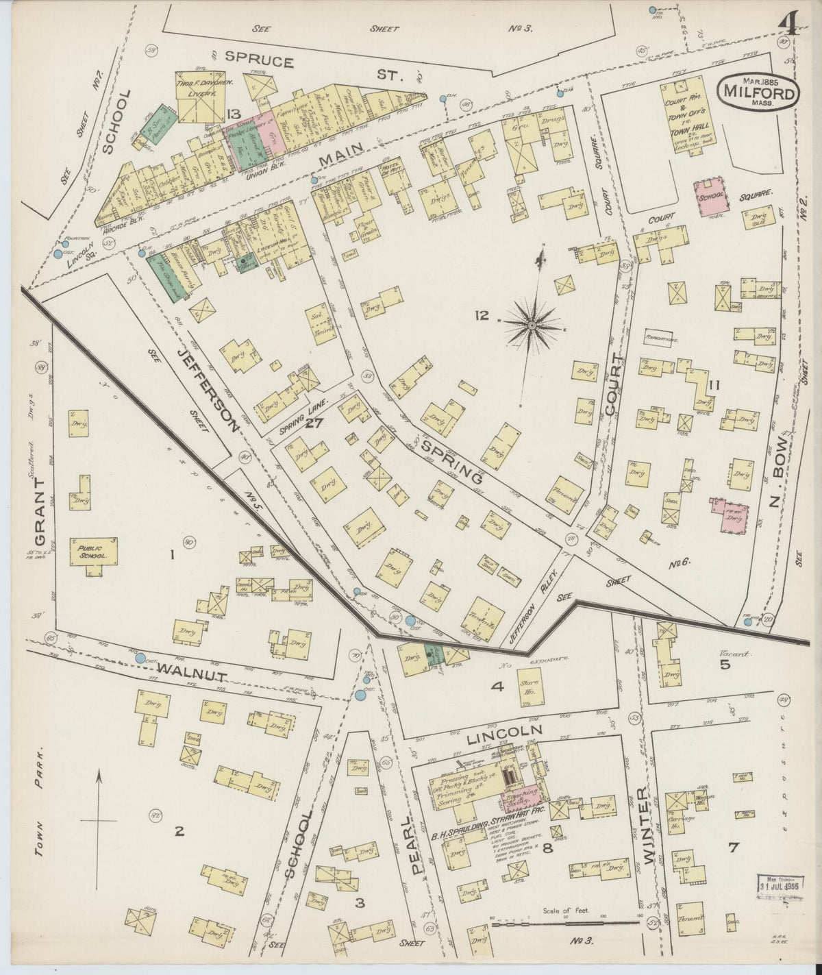 Sanborn Fire Insurance Map from Milford, Worcester County, Massachusetts (1885), Sheet #0004 - Historic Sanborn Fire Insurance Map Print, vintage old map wall art, antique decor, genealogy gift, Massachusetts Massachusetts map