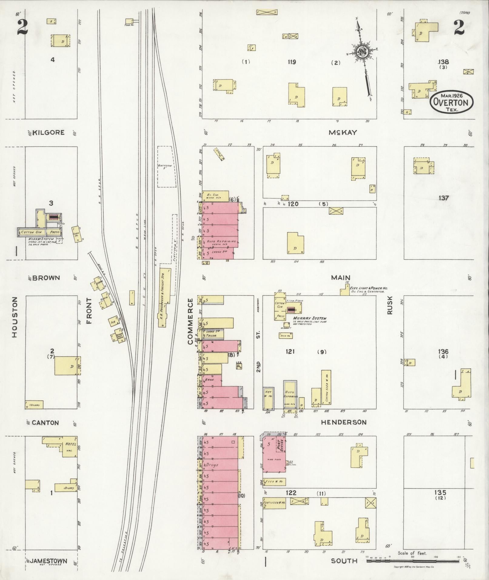 Sanborn Fire Insurance Map from Overton, Rusk County, Texas (1926), Sheet #0002 - Historic Sanborn Fire Insurance Map Print, vintage old map wall art, antique decor, genealogy gift, Texas Texas map