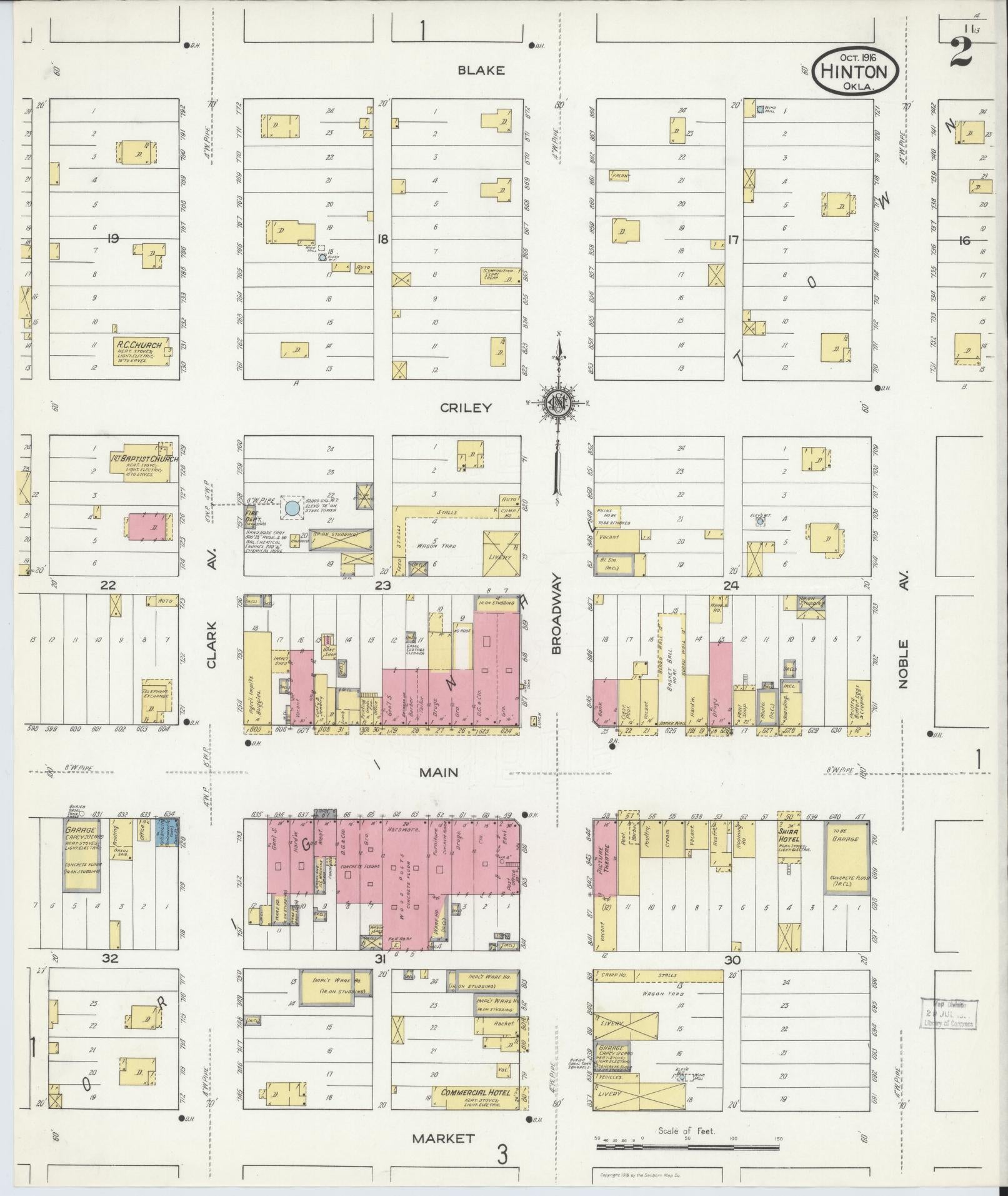 Sanborn Fire Insurance Map from Hinton, Caddo County, Oklahoma (1916), Sheet #0002 - Historic Sanborn Fire Insurance Map Print, vintage old map wall art, antique decor, genealogy gift, Oklahoma Oklahoma map