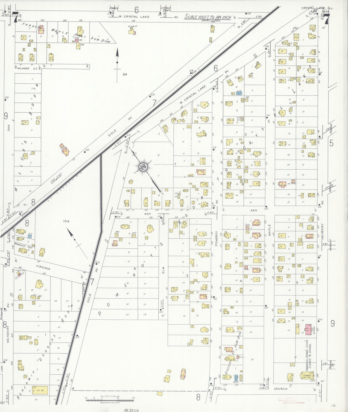 Sanborn Fire Insurance Map from Crystal Lake, McHenry County, Illinois (1936), Sheet #0007 - Complete Map Set gallery image, historic Sanborn map, vintage wall art, Illinois Illinois
