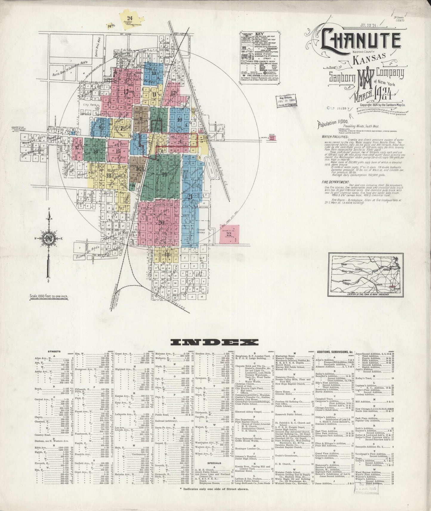 Sanborn Fire Insurance Map from Chanute, Neosho County, Kansas (1924), Sheet #0001 - Complete Map Set gallery image, historic Sanborn map, vintage wall art, Kansas Kansas