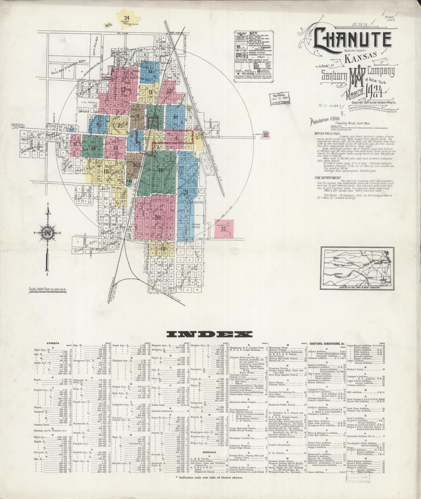 Sanborn Fire Insurance Map from Chanute, Neosho County, Kansas (1924), Sheet #0001 - Complete Map Set gallery image, historic Sanborn map, vintage wall art, Kansas Kansas