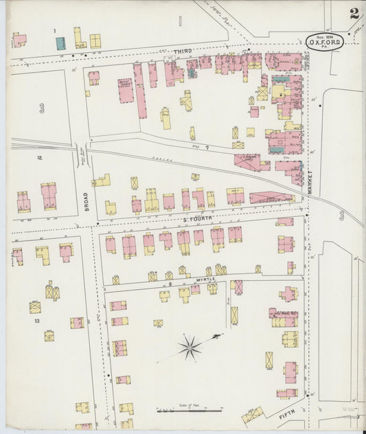 Sanborn Fire Insurance Map from Oxford, Chester County, Pennsylvania (1894), Sheet #0002 - Historic Sanborn Fire Insurance Map Print, vintage old map wall art, antique decor, genealogy gift, Pennsylvania Pennsylvania map