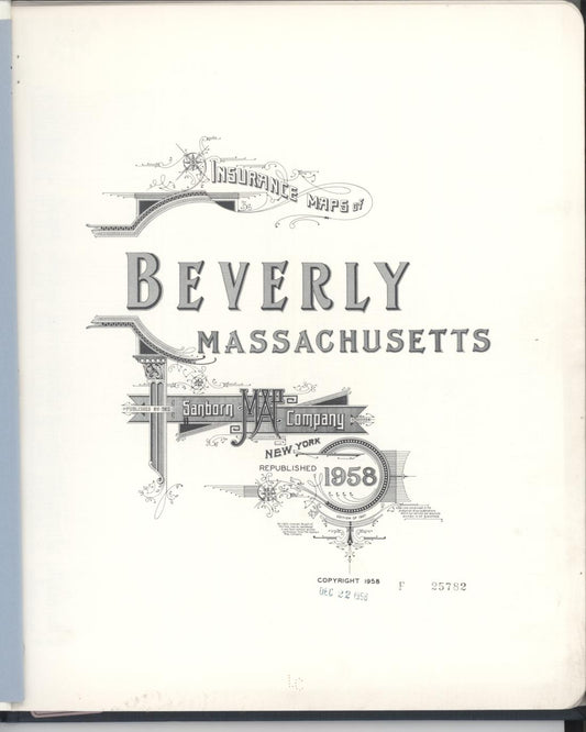 Sanborn Fire Insurance Map from Beverly, Essex County, Massachusetts (1958), Sheet #0001 - Historic Sanborn Fire Insurance Map Print, vintage old map wall art, antique decor, genealogy gift, Massachusetts Massachusetts map