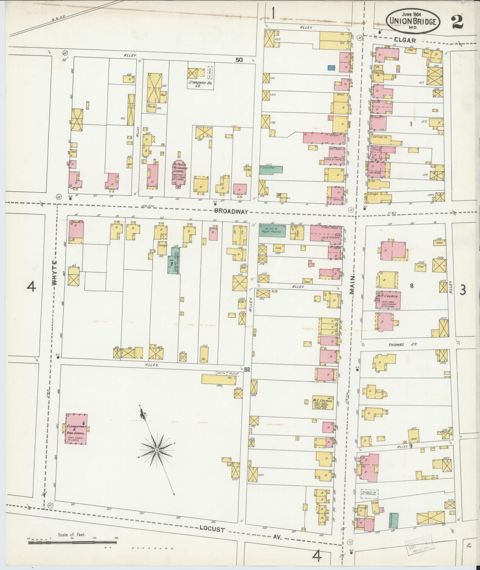 Sanborn Fire Insurance Map from Union Bridge, Carroll County, Maryland (1904), Sheet #0002 - Historic Sanborn Fire Insurance Map Print, vintage old map wall art, antique decor, genealogy gift, Maryland Maryland map