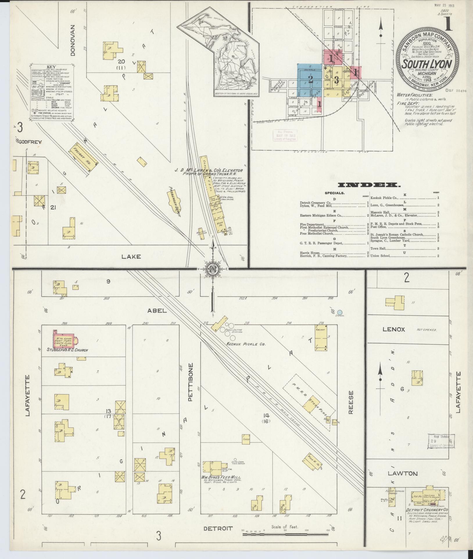 Sanborn Fire Insurance Map from South Lyon, Oakland County, Michigan (1913), Sheet #0001 - Historic Sanborn Fire Insurance Map Print, vintage old map wall art, antique decor, genealogy gift, Michigan Michigan map