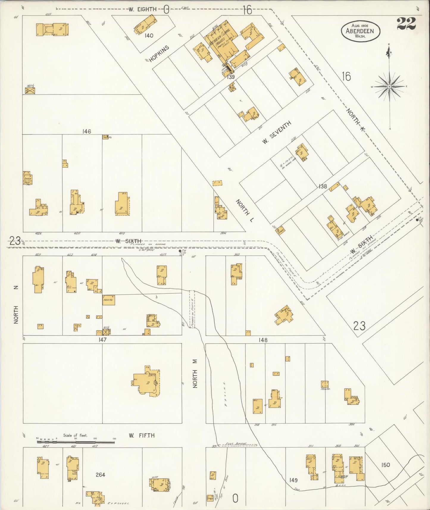 Sanborn Fire Insurance Map from Aberdeen, Grays Harbor County, Washington (1906), Sheet #0022 - Complete Map Set gallery image, historic Sanborn map, vintage wall art, Washington Washington