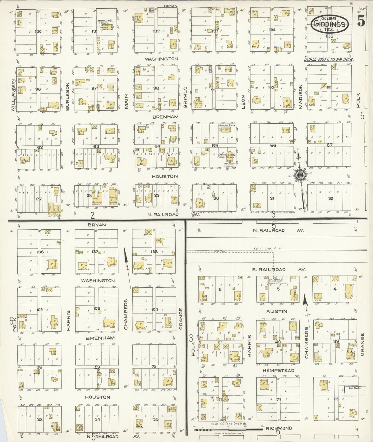 Sanborn Fire Insurance Map from Giddings, Lee County, Texas (1921), Sheet #0005 - Historic Sanborn Fire Insurance Map Print, vintage old map wall art, antique decor, genealogy gift, Texas Texas map