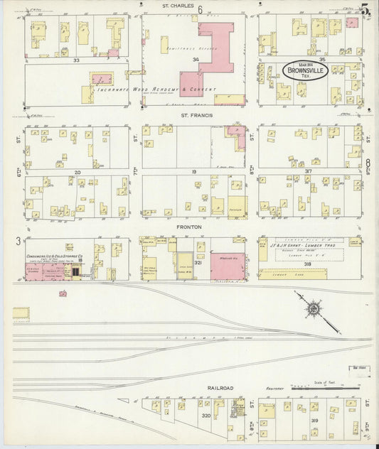 Sanborn Fire Insurance Map from Brownsville, Cameron County, Texas (1914), Sheet #0005 - Historic Sanborn Fire Insurance Map Print, vintage old map wall art, antique decor, genealogy gift, Texas Texas map