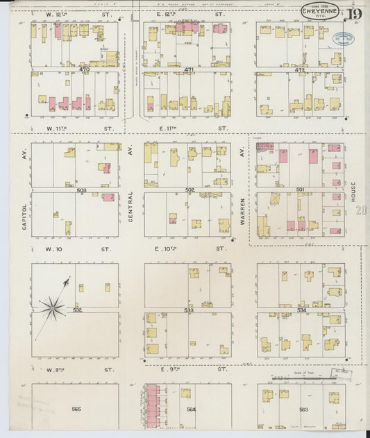 Sanborn Fire Insurance Map from Cheyenne, Laramie County, Wyoming (1894), Sheet #0019 - Historic Sanborn Fire Insurance Map Print, vintage old map wall art, antique decor, genealogy gift, Wyoming Wyoming map