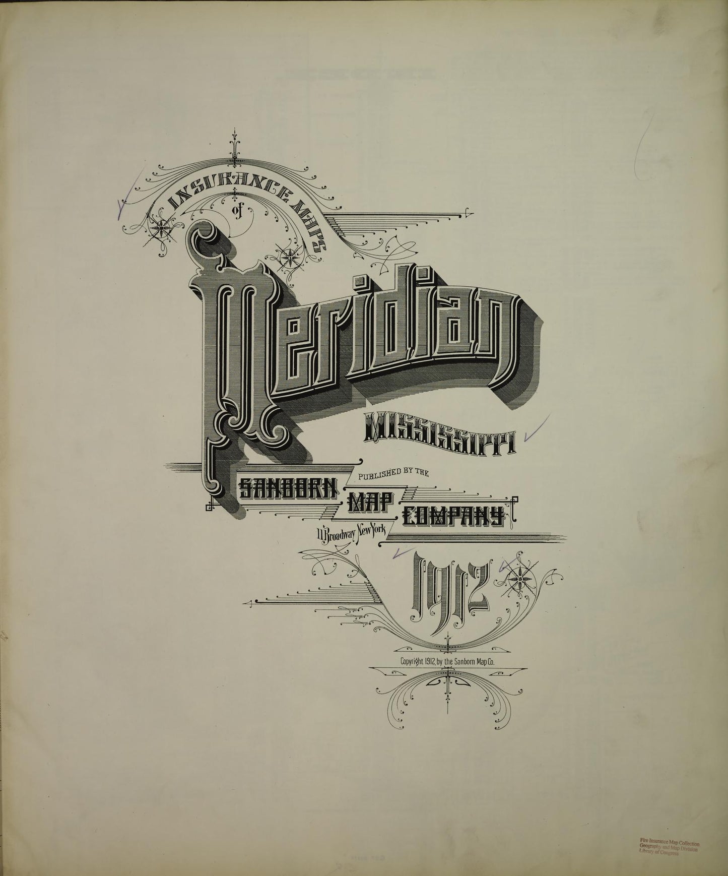 Sanborn Fire Insurance Map from Meridian, Lauderdale County, Mississippi (1912), Sheet #0001 - Historic Sanborn Fire Insurance Map Print, vintage old map wall art, antique decor, genealogy gift, Mississippi Mississippi map