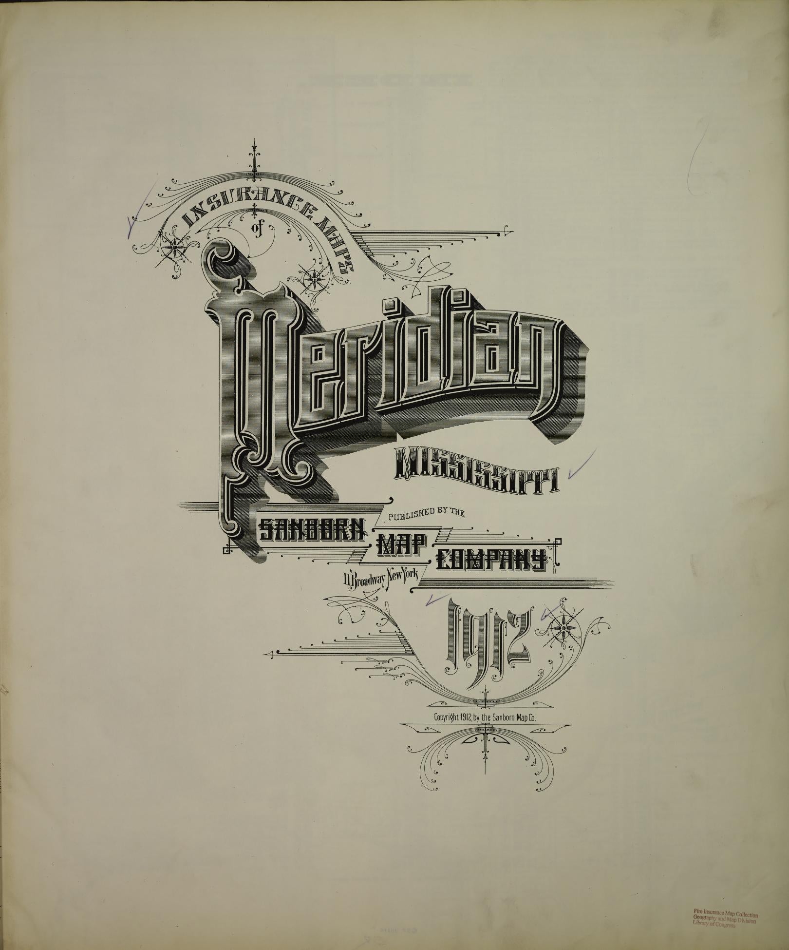 Sanborn Fire Insurance Map from Meridian, Lauderdale County, Mississippi (1912), Sheet #0001 - Historic Sanborn Fire Insurance Map Print, vintage old map wall art, antique decor, genealogy gift, Mississippi Mississippi map